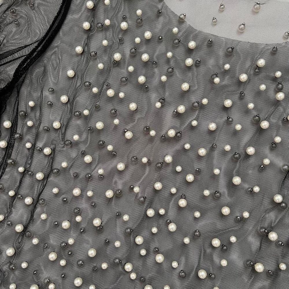 Black Sheer Long Sleeve Top with Pearl Detail Size Small - Picture 4 of 7